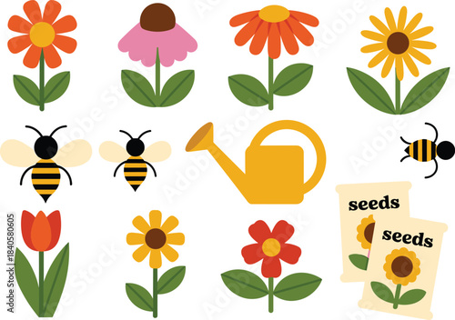 Colorful gardening vector set with flowers, bees, watering can, and seed packets, cute spring garden illustration elements for nature designs