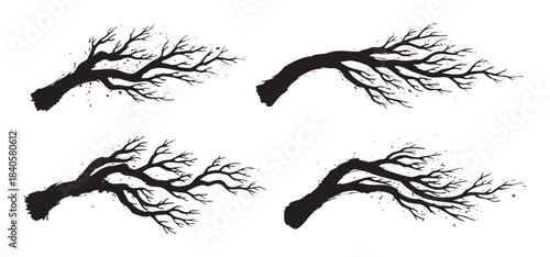 Stylized bare tree branches silhouettes with a grunge texture appear to be swept away by wind, creating an artistic and dynamic visual representation of nature's raw power.