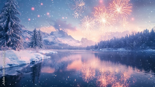 A serene winter landscape with fireworks reflecting on a tranquil lake, mountains in the background.