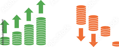 Vector illustration showing coin stacks with green upward arrows symbolizing profit, and coin stacks with orange downward arrows symbolizing loss, representing financial growth and debt.