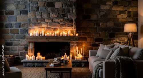 Cozy living room scene features numerous glowing white candles illuminating a rustic stone fireplace hearth and mantle