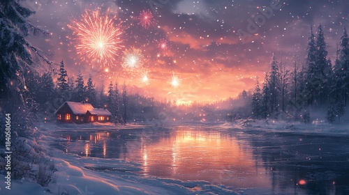 Winter wonderland! A cozy cabin by a frozen lake, fireworks light up the snowy sky. A magical, festive scene.