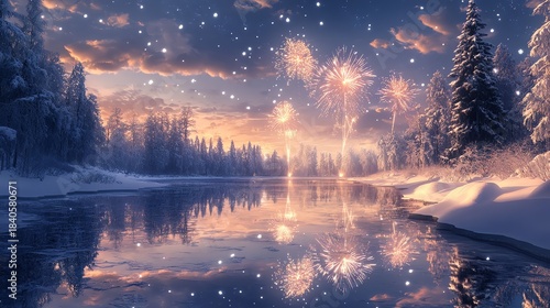 Winter wonderland with fireworks reflecting on a serene lake, snow-covered trees, and a peaceful, festive atmosphere.
