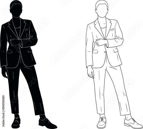 Vector line art and black silhouette illustration of a stylish gender-neutral person wearing a formal business suit, representing fashion, corporate attire, and professional confidence isolated.