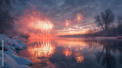 Winter wonderland with fireworks reflecting on a serene lake, snow-covered trees, and a peaceful, festive atmosphere.