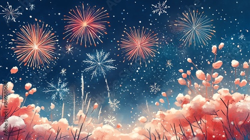 A festive winter night sky filled with golden fireworks and snowflakes over a snowy landscape, creating a magical holiday atmosphere.