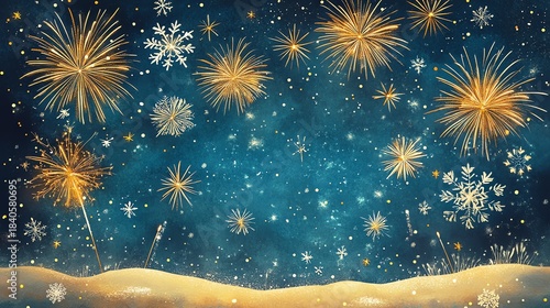 A festive winter night sky filled with golden fireworks and snowflakes over a snowy landscape, creating a magical holiday atmosphere.