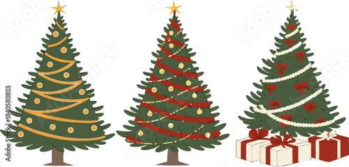A full Christmas tree adorned with colorful ornaments, ribbons, and a star on top, set against a transparent background.