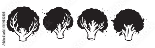 Four stylized broccoli florets with a graphic, hand-drawn aesthetic and subtle ink splatters, perfect for healthy eating designs and culinary themes.