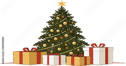 A lush Christmas tree with elegant decorations, including baubles, tinsel, and a shining star, isolated with no background.