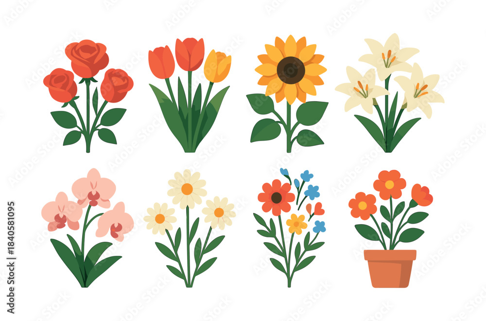 Fototapeta premium Flower bouquet collection, roses, tulips, sunflowers, flat vector illustration