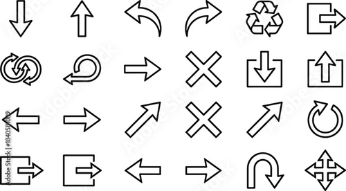 Comprehensive Collection of Navigation and Directional Arrow Icons for Website Interface, App Development, Download/Upload Actions, and Recycling/Movement Symbols Vector Set