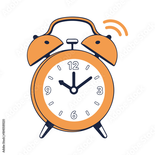 An orange alarm clock ringing isolated on white background at twelve oclock