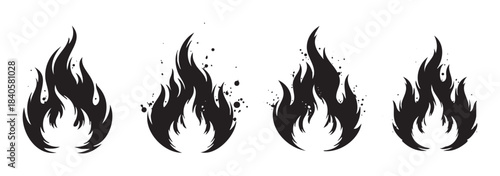 Four black fire flame icons with a stylized and slightly gritty texture, representing heat, energy, and danger in a modern graphic design.