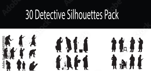 Classic Detective Silhouettes Set – 30 Mystery Poses Vector
