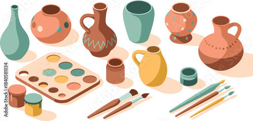 Colorful handmade ceramic pottery collection with paintbrushes, artistic clay vases, creative pottery art tools, craft design materials, ceramic painting workspace, studio