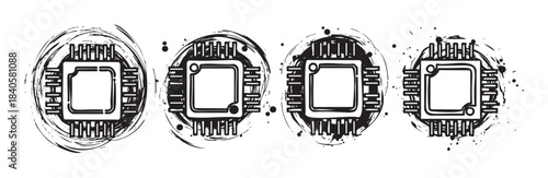Four stylized microchips with grunge brushstroke effects symbolize modern technology, digital innovation, and advanced computing concepts in a unique artistic style.