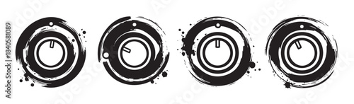 Power button icons with a grunge brushstroke effect are arranged horizontally, featuring a distressed and artistic black and white graphic design.