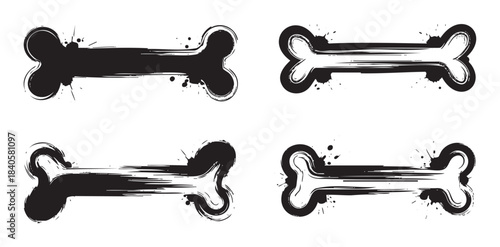 Bone shapes grunge style set of four artistic black brushstroke designs with ink splatters creating a dynamic and textured graphic element.