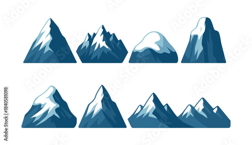 Snowy mountains set, winter peaks, ice caps, flat vector illustration