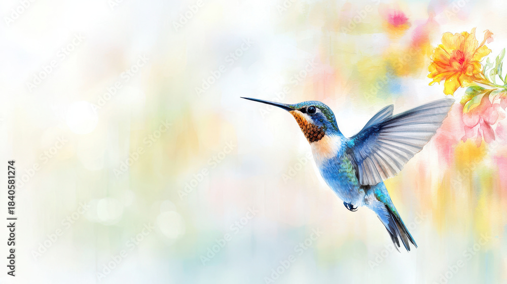 Naklejka premium Vibrant hummingbird in flight, surrounded by soft floral elements, captures essence of nature beauty and grace