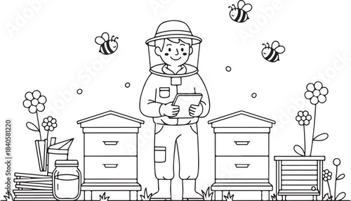 Beekeeper in protective clothing standing near beehives and flowers on