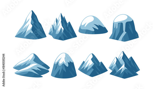 Snowy mountains set, winter peaks, ice caps, flat vector illustration