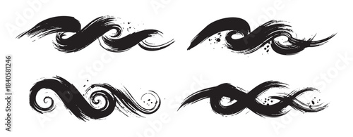 Abstract black brush stroke designs create artistic decorative elements with a dynamic, hand-painted grunge texture, featuring expressive ink splatters and flowing organic shapes.
