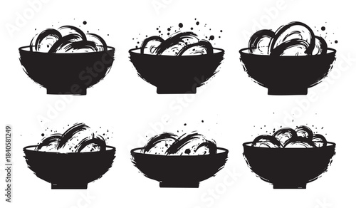 Six abstract bowls of noodles with a textured brush stroke effect, creating a modern graphic design element perfect for culinary themes.
