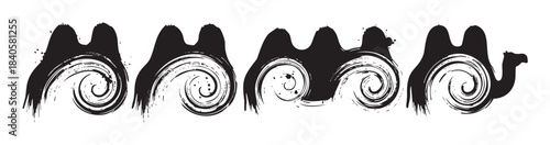 Abstract camel silhouette created with artistic brushstrokes and swirling patterns, evoking a sense of movement and desert spirit in a graphic illustration.