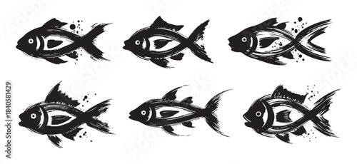 Six stylized brushstroke fish illustrations arranged in a dynamic pattern, showcasing an elegant and traditional oriental art style.