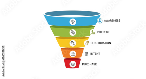 Marketing Sales Funnel with Awareness Interest Consideration Intent Purchase Stages.