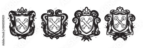 Ornate grunge shield crests with crossed bones in a hand-drawn style, featuring decorative borders and a distressed texture, perfect for vintage designs.