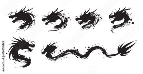 Powerful mythical dragon heads and body are depicted in a dynamic brushstroke style, showcasing ancient Asian folklore and strength.