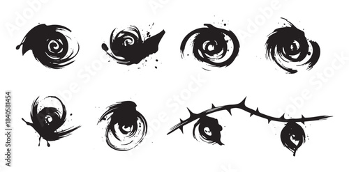 Abstract ink brush strokes and thorny branch elements create a dynamic and expressive collection of artistic design assets for various creative projects.