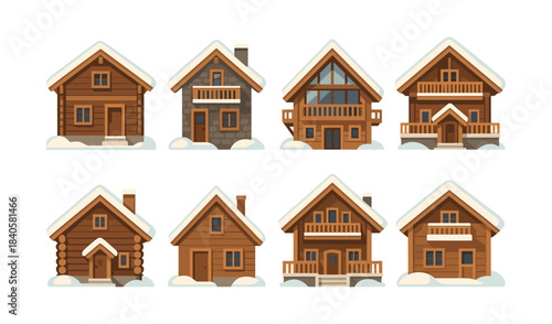 Winter cabin collection, snowy rooftops, cozy cottages, flat vector illustration