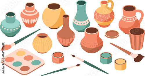 Colorful handmade ceramic pottery collection with paintbrushes, artistic clay vases, creative pottery art tools, craft design materials, ceramic painting workspace, studio