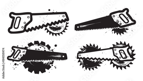Hand saws and circular blades are depicted in a bold, grunge-style vector illustration, showcasing various industrial tool designs with a distressed texture.