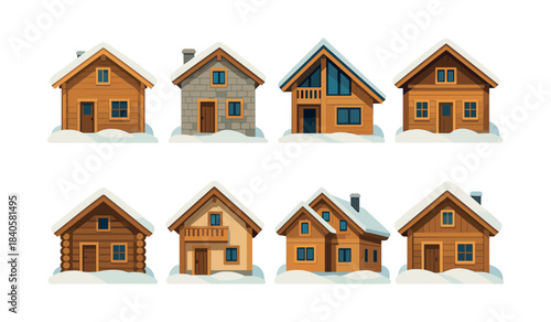 Winter cabin designs, snow, cozy, homes, flat vector illustration