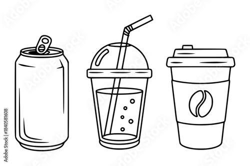 Black and white line of soda can soft drink cup and coffee cup isolated