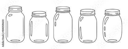 Five empty transparent glass jars with metal lids isolated on white