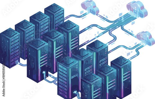 Cloud computing with server racks — cartoon-style data center illustration showing glowing connections, digital clouds, and modern infrastructure