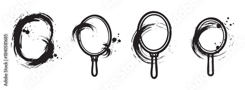 Hand drawn brushstroke magnifying glass and Enso circle collection with expressive ink splatters and grunge textures, ideal for creative design.