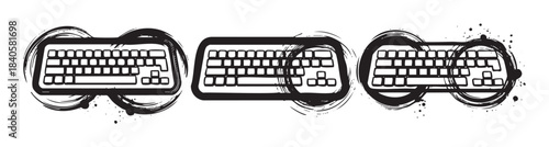 Three stylized computer keyboards with grunge brushstroke effects and ink splatters create a dynamic and artistic representation of modern technology and digital communication.