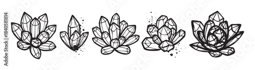 Crystal clusters hand drawn mystical elements with a grunge aesthetic, perfect for spiritual, magical, and bohemian design projects.