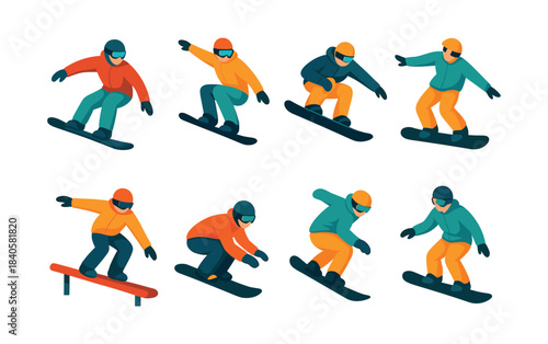 Snowboarder collection, winter sports action, flat vector illustration