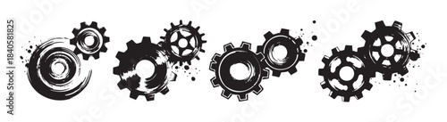 Black grunge stylized gears and cogs with a distressed texture and ink splatters symbolizing teamwork, industrial concepts, and intricate mechanical systems.