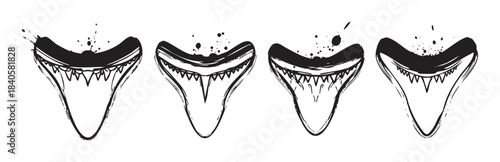 Four stylized shark teeth with a grunge ink splatter effect are arranged in a row, showcasing their sharp, serrated edges and powerful predatory nature.
