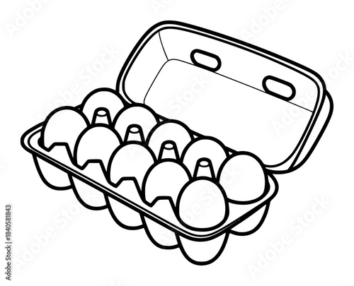 Open cardboard egg carton holding six eggs line isolated outline black