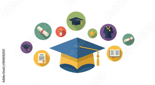 Graduation Cap and Education Icons Representing Academic Achievement.